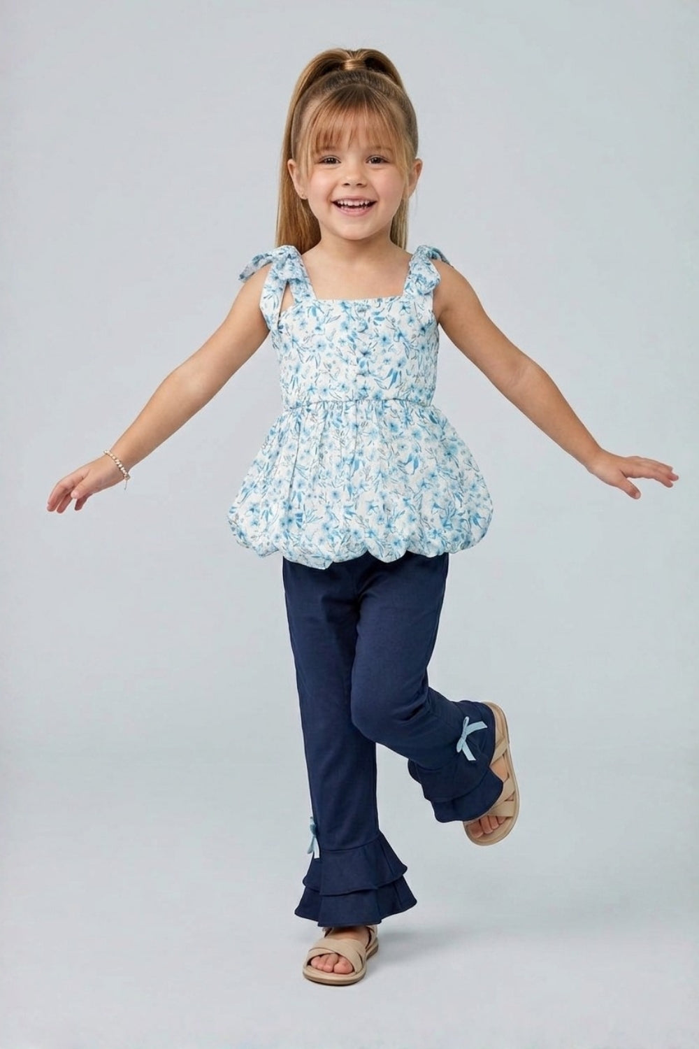 Ana Shoulder Tie Up Balloon Top and Blue Flared Trouser