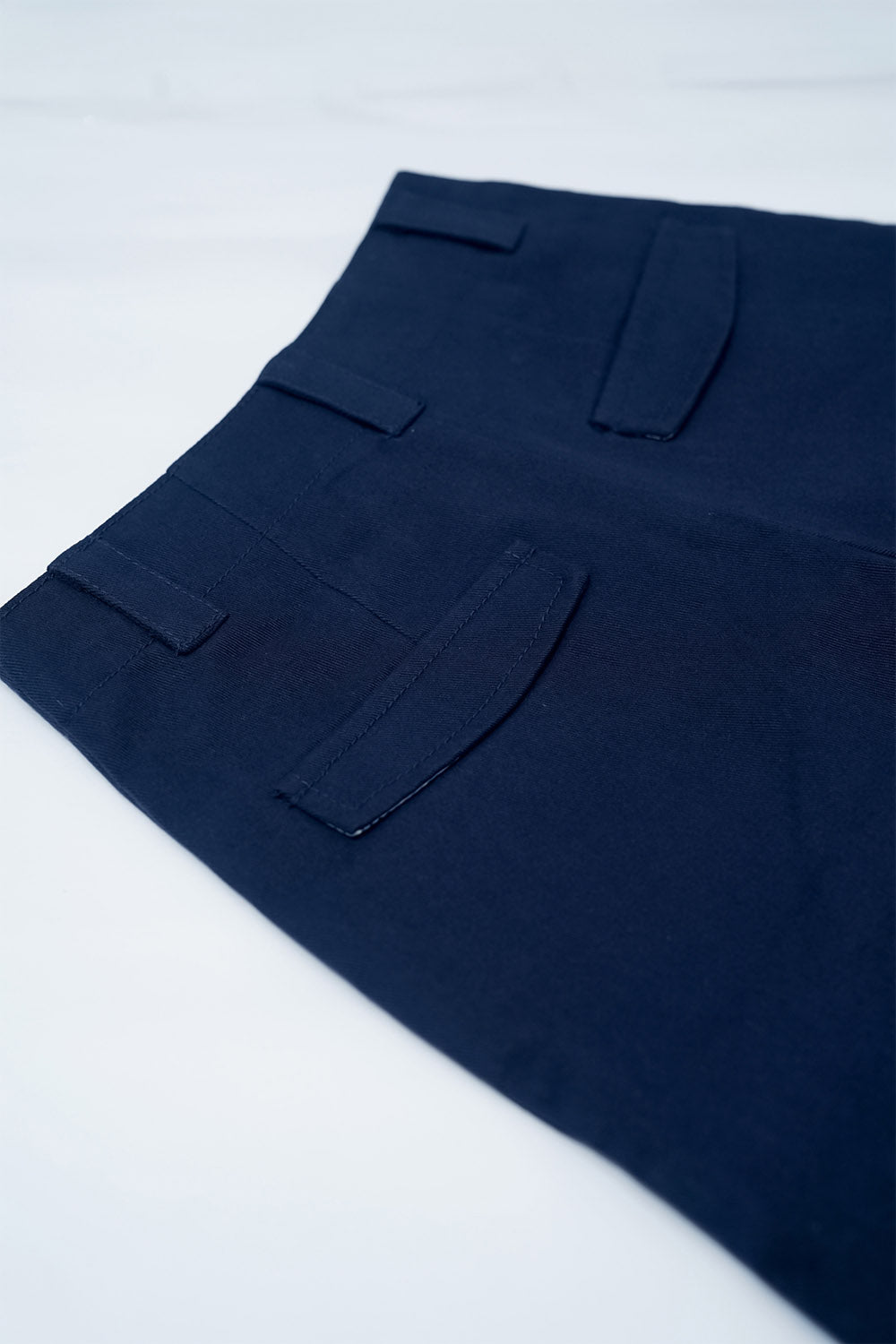 Luxe & Hardy Ash Blue Co-ord Set – close-up of navy blue cargo pants hem and fabric texture detail, boys ethnic casual co ord set bottom, premium fabric and relaxed fit construction