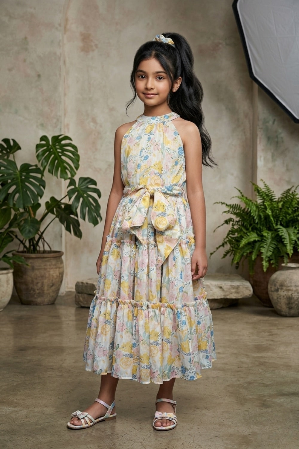 Girl in floral halter dress posing in lush green outdoor setting