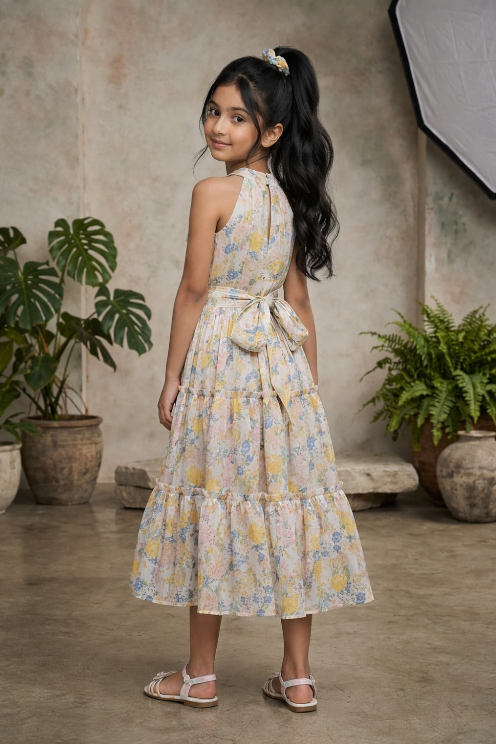 Full-length front view of girl in pastel floral halter dress outdoors
