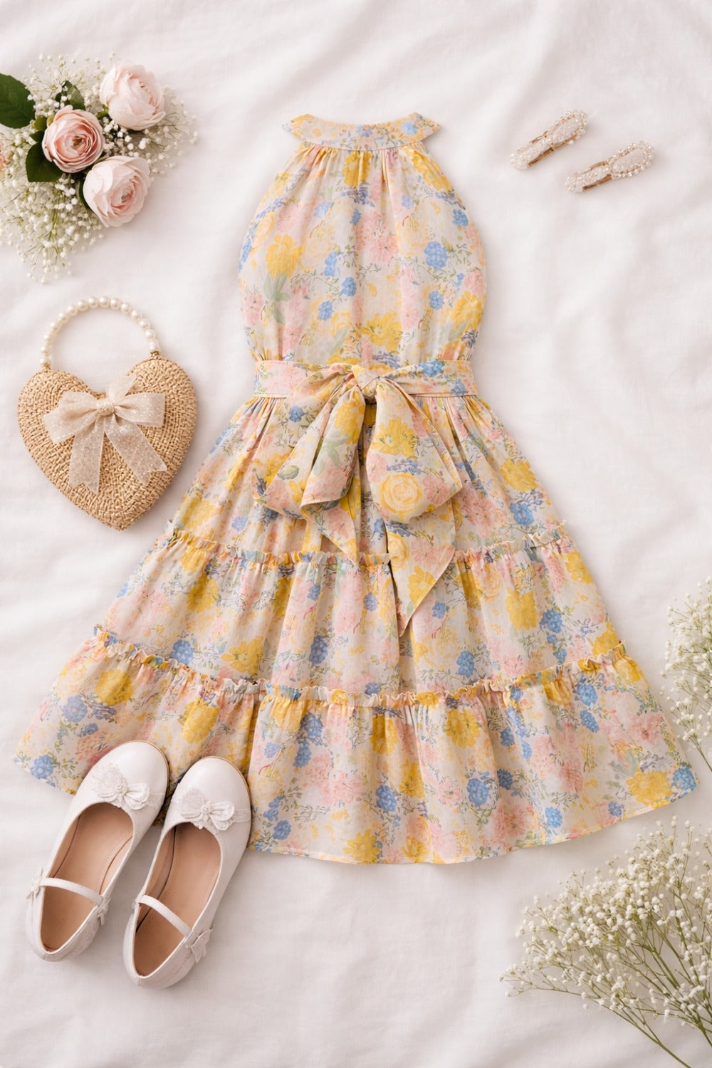 Flat lay of floral halter dress with matching bag and sandals
