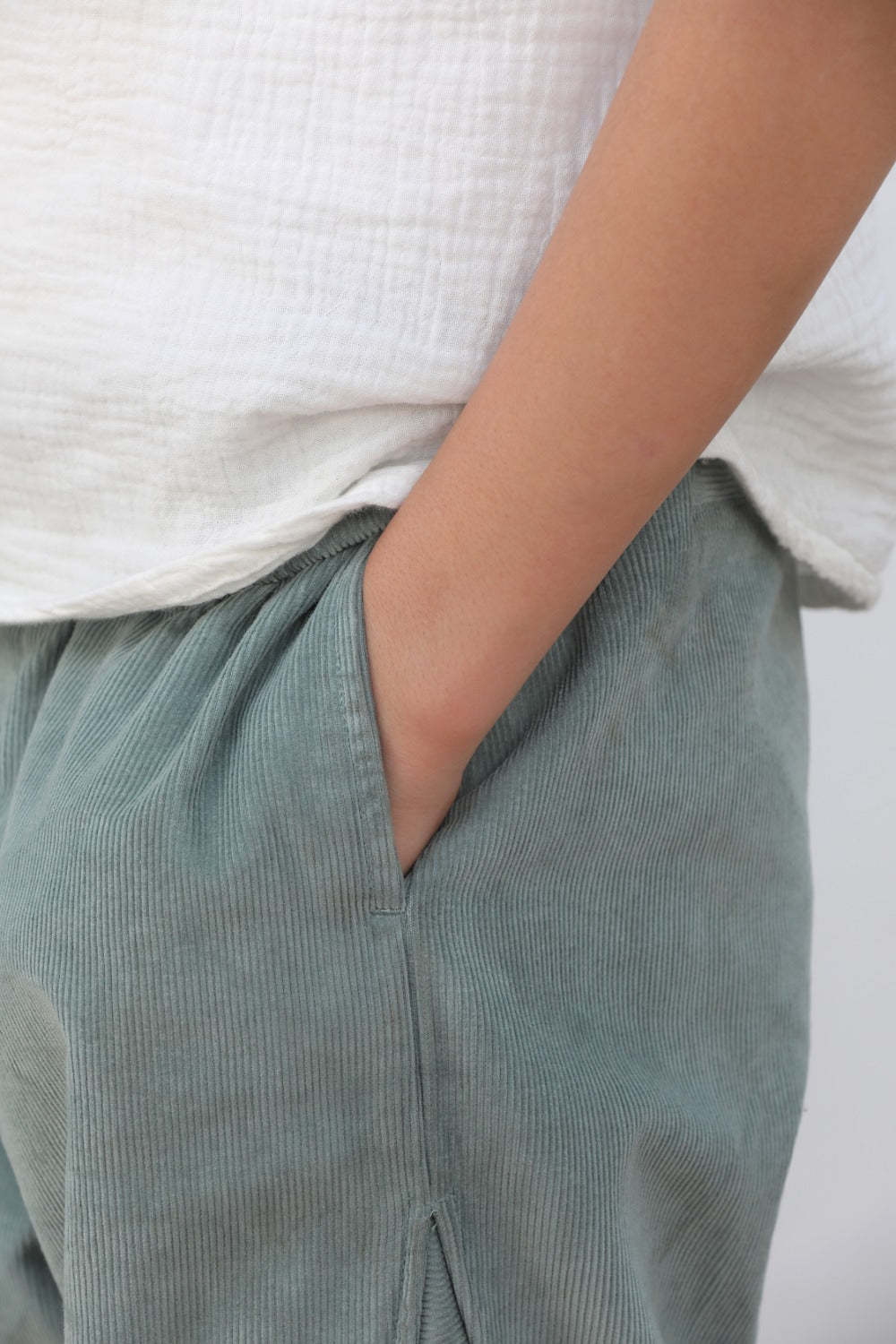 Luxe & Hardy Milo Textured Pant – close-up of sage green textured fabric and side pocket detail, boys ethnic casual bottom wear, premium textured fabric and relaxed fit waist