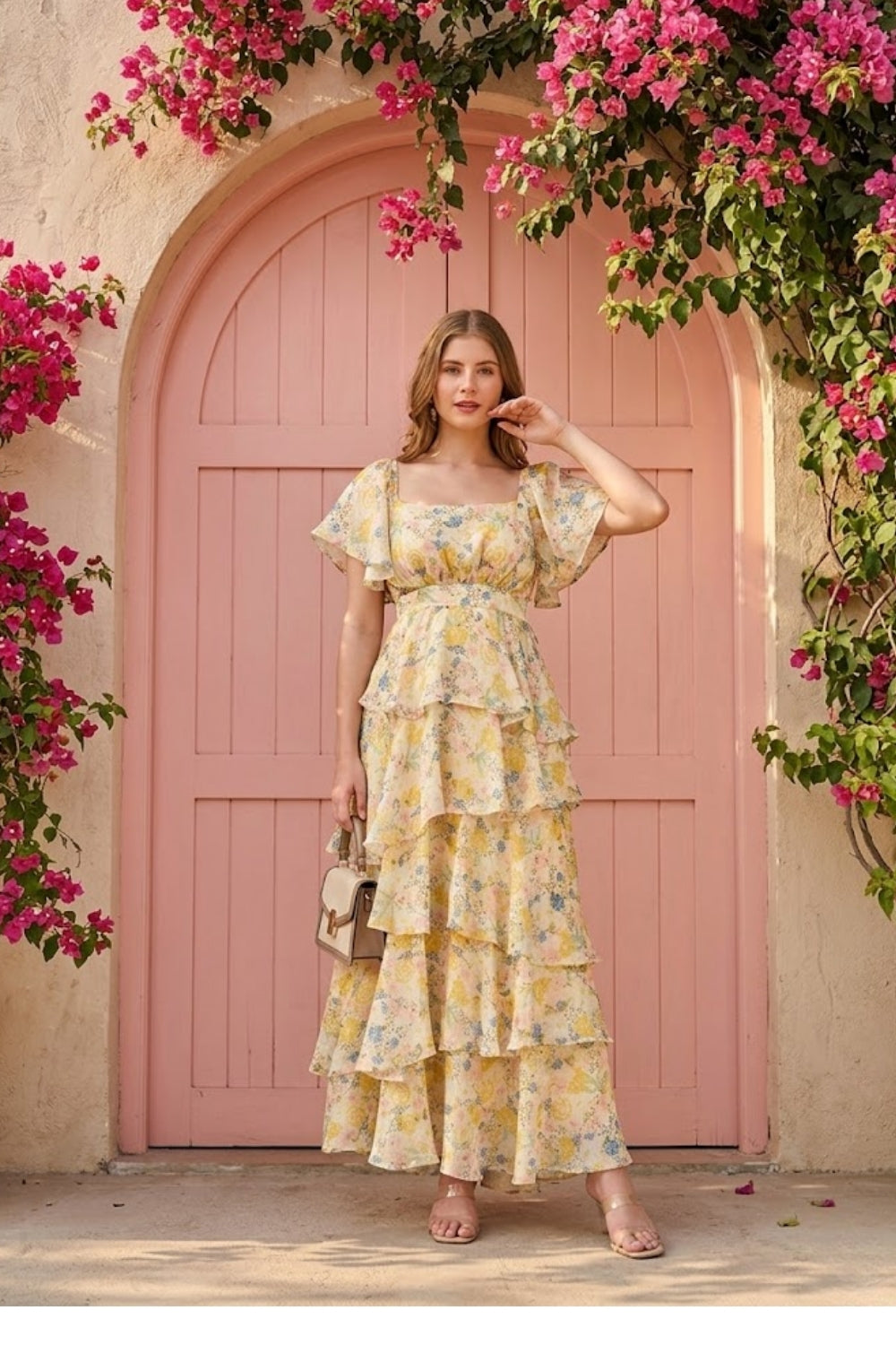 Buy Luxe & Hardy Nora Flared Chiffon Maxi Roses Ruffle Gown