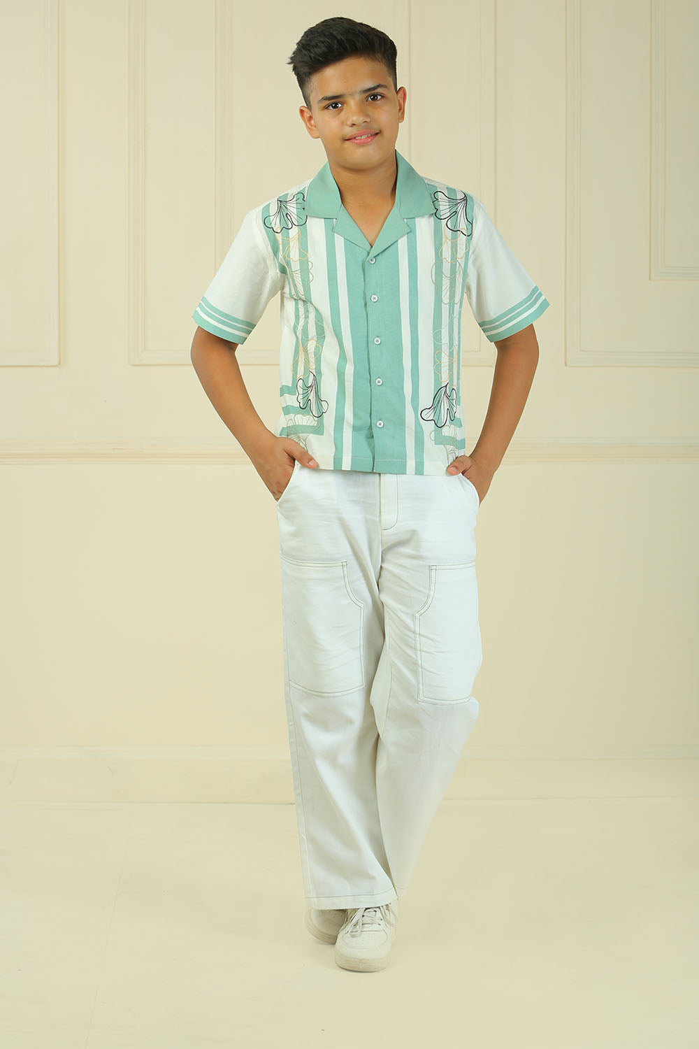 Luxe & Hardy Tundra Trek Shirt – full length walking pose of teal green striped boys shirt with white trousers, kids ethnic casual wear shirt, festive party outfit