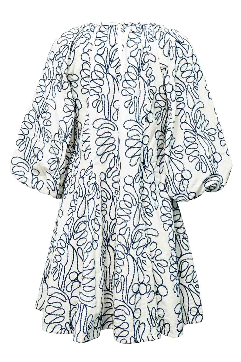 Flat lay front view of white balloon-sleeve dress with blue floral block print