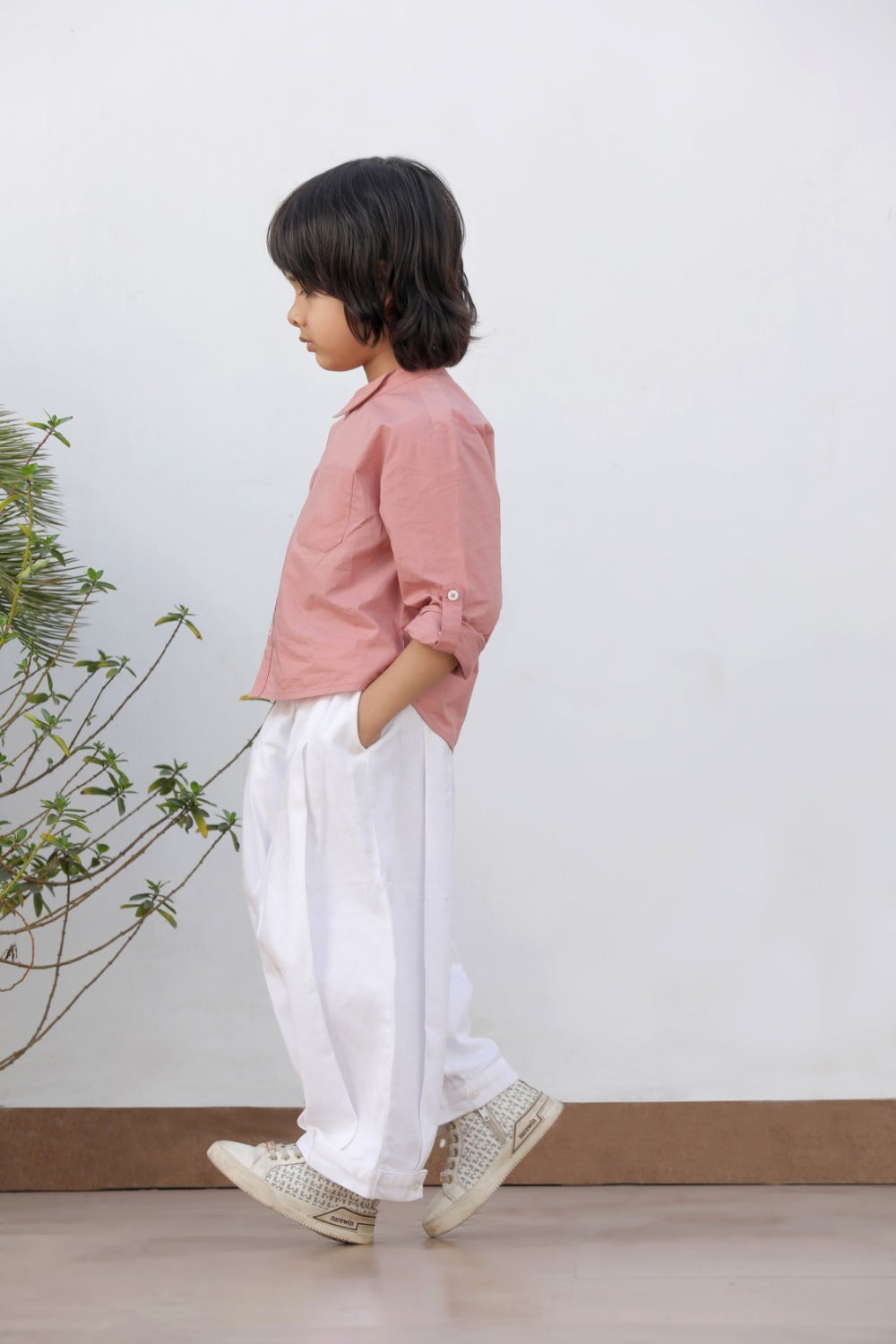 Luxe & Hardy Henry Relaxed Pants – side profile full length view of white wide leg relaxed linen toddler boys pants, kids ethnic casual bottom wear, comfortable relaxed fit detail