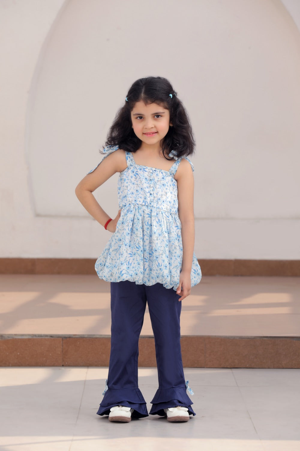 Ana Shoulder Tie Up Balloon Top and Blue Flared Trouser