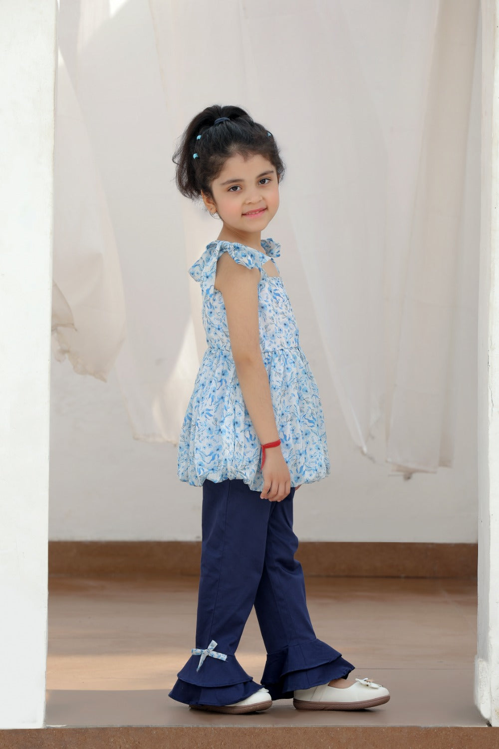 Ana Shoulder Tie Up Balloon Top and Blue Flared Trouser