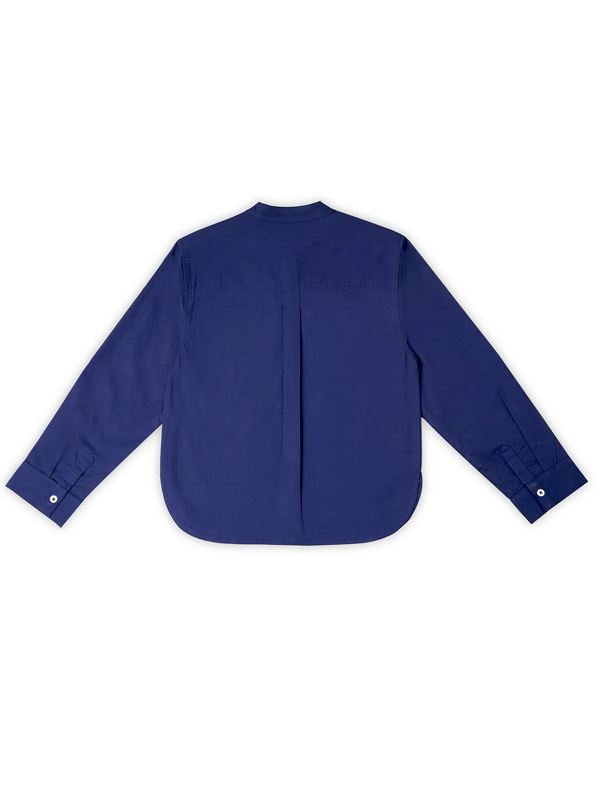 Luxe & Hardy Archie Embroidered Shirt – flat lay of navy blue long sleeve mandarin collar embroidered boys shirt, kids ethnic party wear casual shirt, premium linen fabric detail