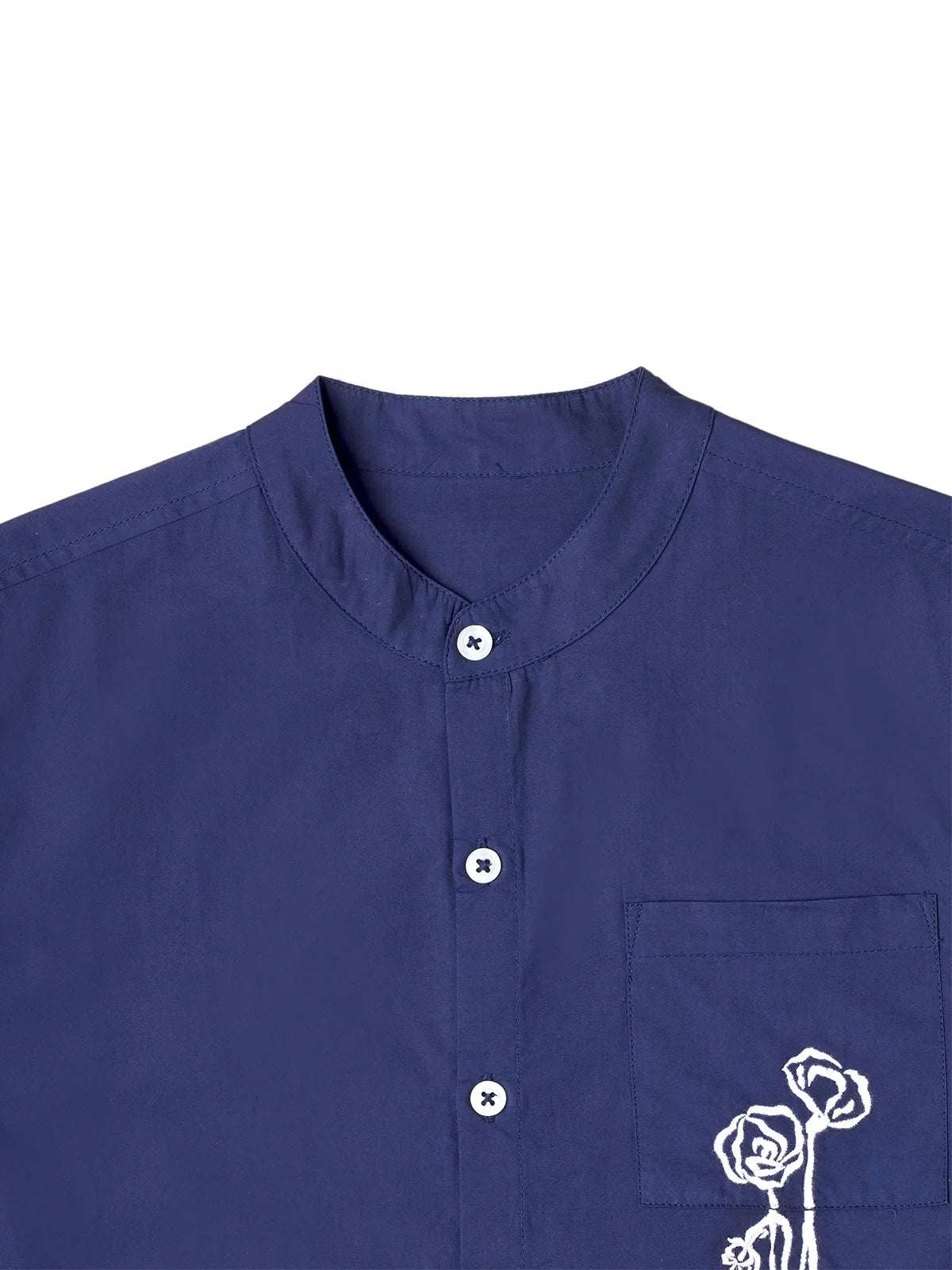 Luxe & Hardy Archie Embroidered Shirt – close-up of navy blue boys shirt with white floral embroidery chest detail, kids ethnic party wear casual shirt, premium embroidery and button placket
