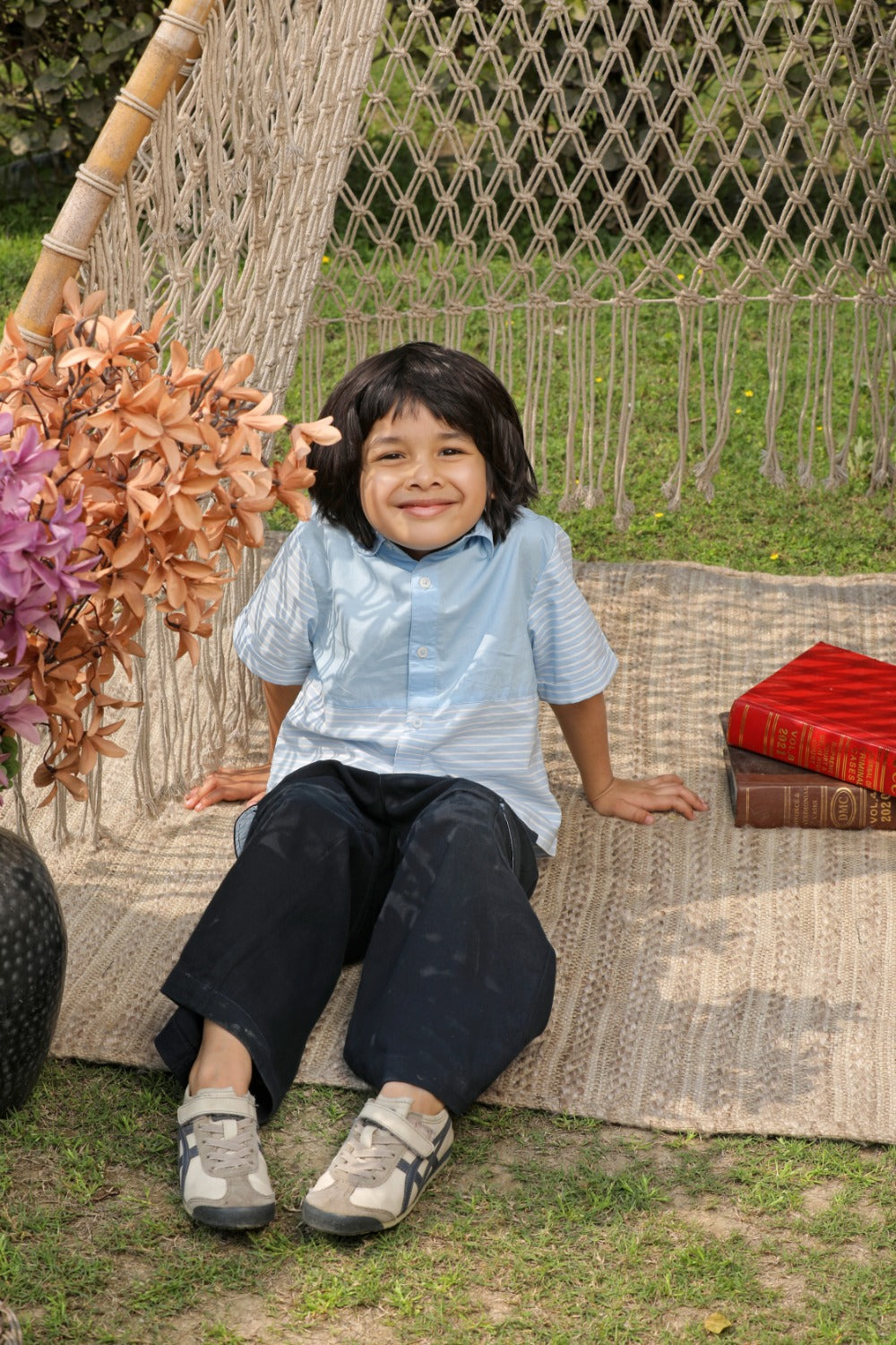 Luxe & Hardy Ash Blue Panelled Shirt – side profile full length view of light blue panelled short sleeve boys shirt, kids ethnic casual festive shirt, styled with navy blue cargo pants