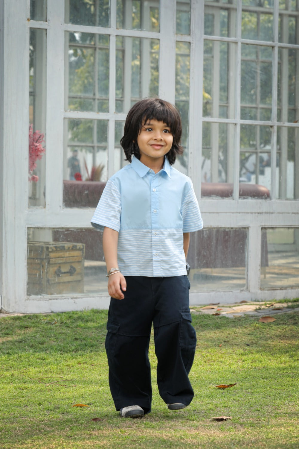 Luxe & Hardy Ash Blue Cargo Pants – full length outdoor standing pose of navy blue wide leg cargo pants with light blue shirt, toddler boys ethnic casual bottom wear, festive party wear outfit