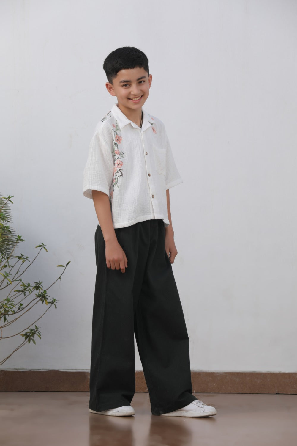 Buy Boys White Gauze Floral Embroidery Shirt | Luxe & Hardy