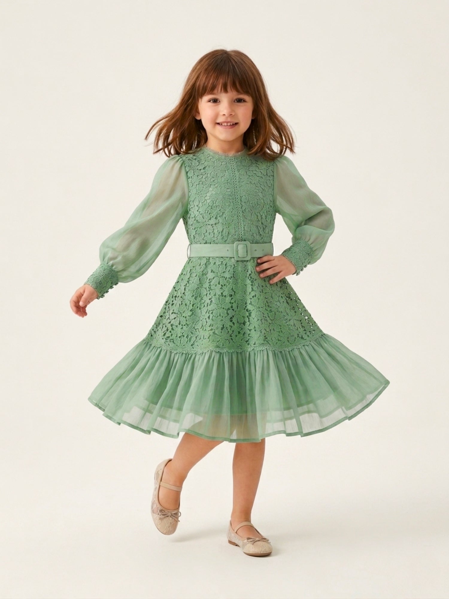 lush green dress Dark Pine Long Puff Sleeve Lace Mini Dress