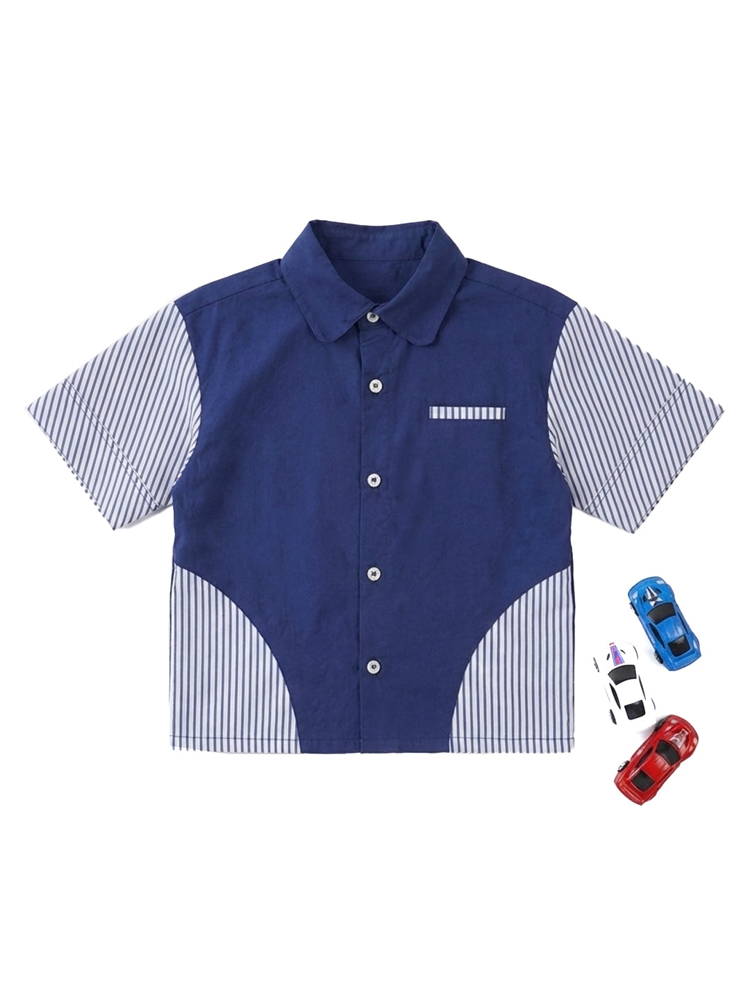 Luxe & Hardy Theo Blue Striped Shirt – flat lay of navy blue white stripe contrast panel boys shirt with colorful accessories detail, kids ethnic casual party wear shirt, premium fabric and panel construction