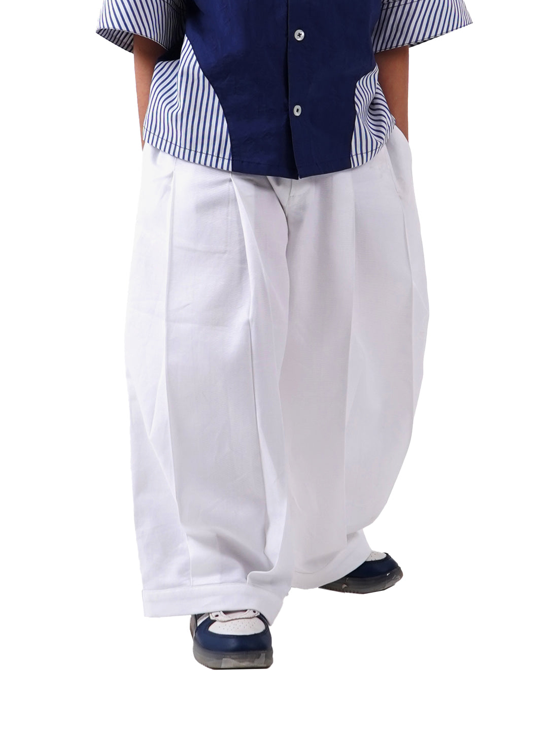 Luxe & Hardy Theo White Relaxed Pants – three-quarter view of white ultra wide leg relaxed fit dhoti style boys pants, kids ethnic casual bottom wear, dramatic wide leg silhouette detail