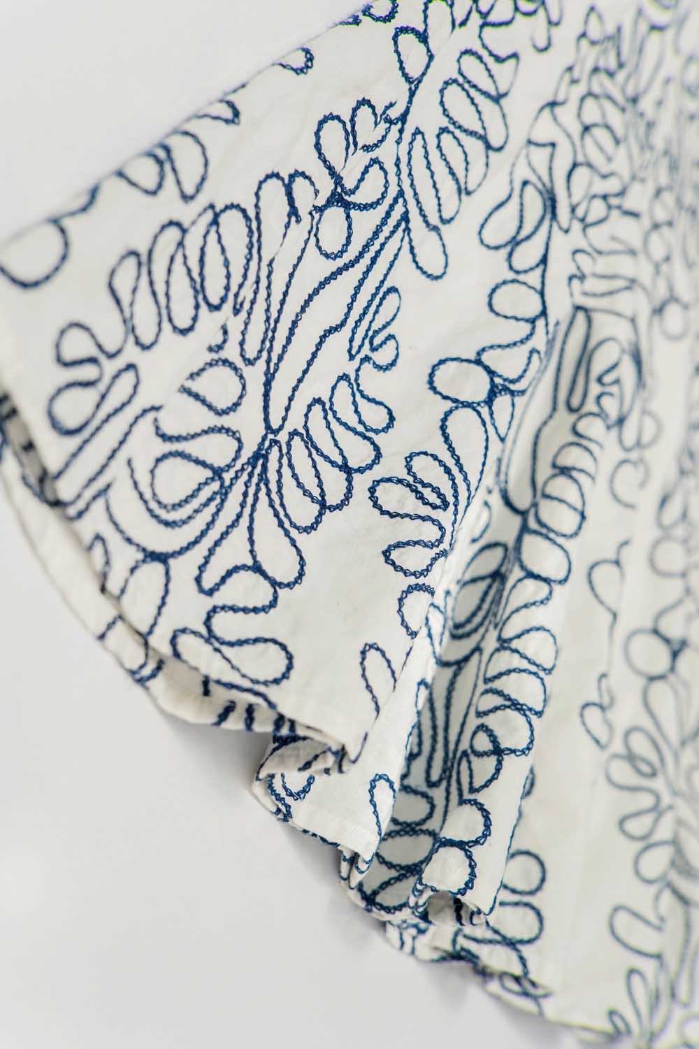 Close-up of blue floral block-print pattern on white dress sleeve