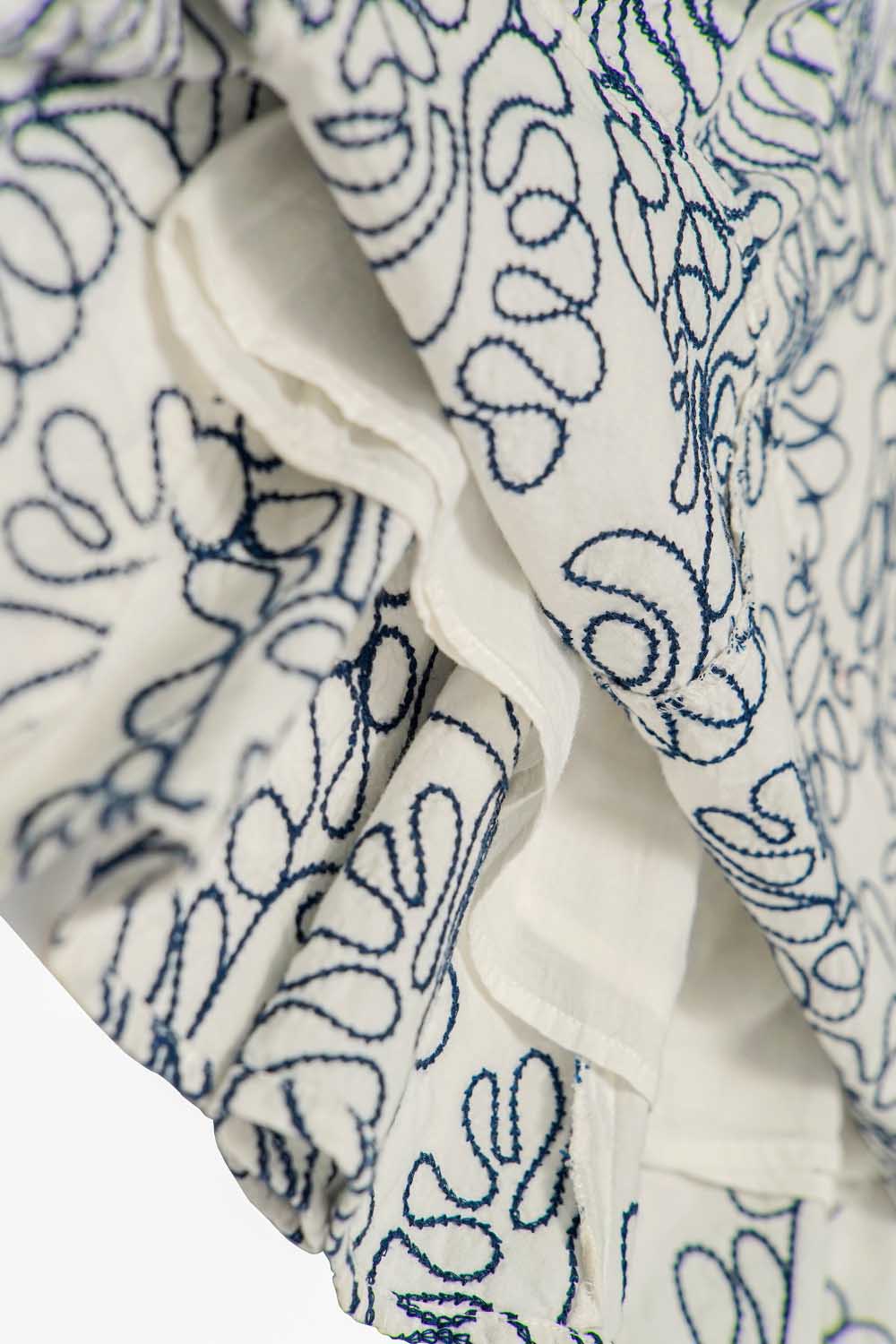 Close-up of blue and white floral block-print fabric texture