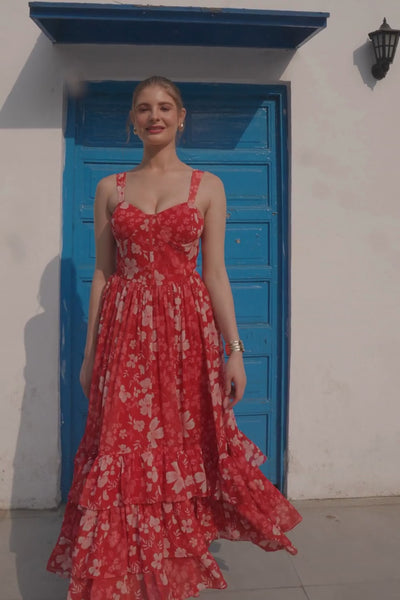 Luxe & Hardy Amber Corset Dress Ruby – video of ruby red floral tiered maxi evening gown in motion, play to see long red dress for women styled outdoors