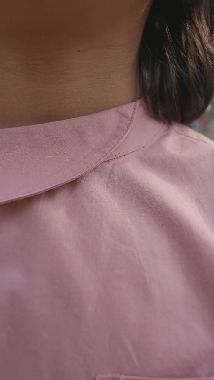 Luxe & Hardy Henry Asymmetrical Shirt – close-up of dusty pink mandarin collar and chest pocket detail, toddler boys ethnic casual shirt, premium linen fabric weave and collar construction