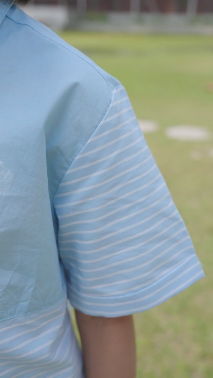 Luxe & Hardy Ash Blue Panelled Shirt – close-up of light blue ribbed panel texture fabric detail, boys ethnic casual shirt, premium textured weave and panel construction