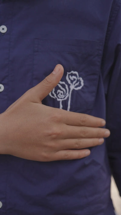 Luxe & Hardy Archie Embroidered Shirt – video thumbnail close-up of navy blue embroidered boys shirt chest detail, play to see full kids ethnic party wear casual shirt styling